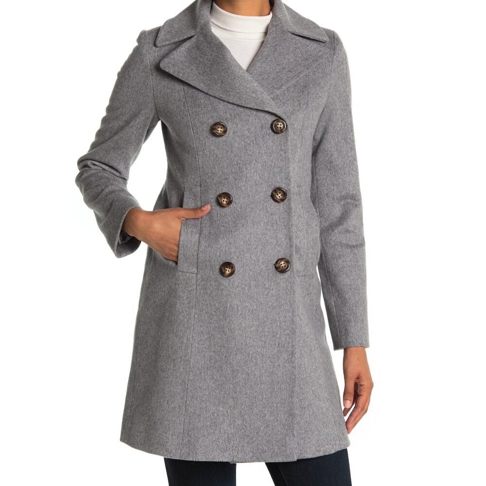 New w/Tags Fleurette Notch Collar Double Breasted Wool Coat in Grey Heather, 14